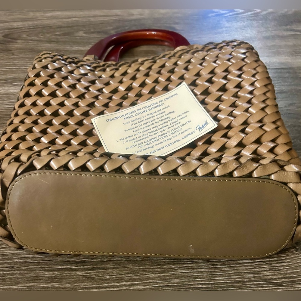 Fossil Vintage Brown  Woven Leather Purse Hand Bag With Wooden Handle Bohemian - Picture 4 of 10